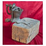 *Antique Meat Grinder on Wood Block