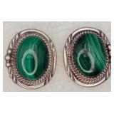 Sterling Silver Green Malachite Earrings, Signed