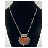 Silver Tone Pink Agate Heart Necklace