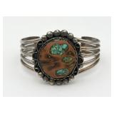 Signed 925 Walnut Shell w/ Inlaid Turquoise Cuff