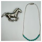 Silver-tone Bracelet & Horse Brooch/Pin