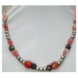 Leather Necklace w/ Pink & Sterling Silver Beads