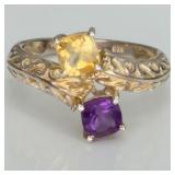 Sterling Silver Amethyst & Yellow Citrine Ring