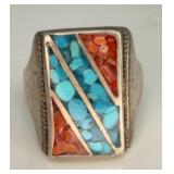 Sterling Silver Turquoise & Coral Ring