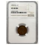 Graded 1919-S Wheat Penny, NGC-XF 40 BN