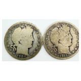 2 Barber Silver Half Dollars 90% Silver