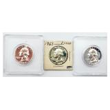 3 1963 Washington Quarter Proof Coins 90% Silver