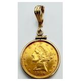 14KT Bezel 1906 $5 Dollar Gold Coin Pendant