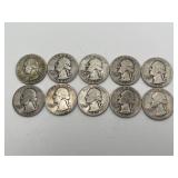 10 Washington Silver Quarters 90% Silver