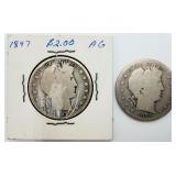 2 Barber Silver Half Dollars 90% Silver