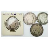 4 Barber Silver Half Dollars 90% Silver