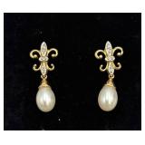 14K Gold & Diamond Pearl Drop Earrings