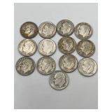 13 Roosevelt Dimes 90% Silver