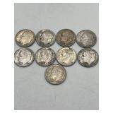 9 Roosevelt Dimes 90% Silver
