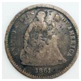 1861 Seated Liberty Silver Half Dime 90% Silver