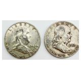 2 Franklin Silver Half Dollars 90% Silver