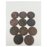 11 US Large Cents& Braided Hair One Cent Coins