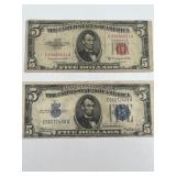 1934-A Blue Seal $5 & 1953-B Red Seal $5
