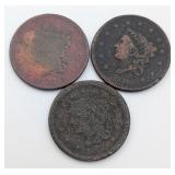 3 Large U.S. Cents: 1836, 1843, & 185? (Illegible)