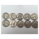 10 Washington Silver Quarters 90% Silver