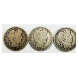 3 Barber Silver Half Dollars 90% Silver