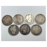 7 Barber Silver Quarters 90% Silver