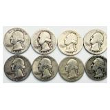 8 Washington Quarters 90% Silver