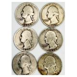 6 Washington Quarters 90% Silver