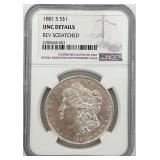 Graded 1881-S Morgan Silver Dollar, NGC UNC Detail