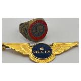 Vtg Hartford Fire Marshal Ring/Delta Captain Wings