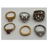 Lot of 6 gold & Silver Tone Fashion Rings