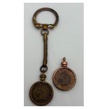 Vtg 1904 Indian Head Penny Keychain & 1905 Pendant