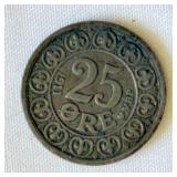 1911 Denmark 25 Ore Silver Coin