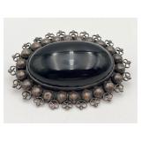 925 Vtg Mexican Black Onyx Oval Cabochon Brooch