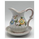 Vtg Hand-painted Ceramic Floral Pitcher w/Saucer