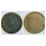 2 ANTQ 1 Penny Bank Tokens 1843 & 1854