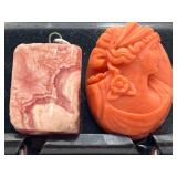 Rhodochrosite Cabochon Pendant & Coral Oval Cameo