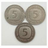 5 West German Bundes-Republic 5 Marks Coins