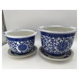 2 Blue/White Porcelain Planters w/2 Saucers