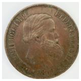 1869 Brazilian 20 Reis Bronze Coin