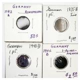 4 German 1 Pfennig Coins