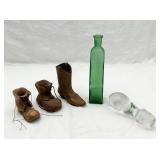 Carved Wood Boots, Boot, Glass Bottle & Stopper