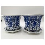 2  Blue/White Porcelain Planters w/Saucers