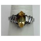 Silver-tone Yellow Stone & CZ Baguette Ring