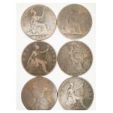 6 ANTQ British 1 Penny Coins