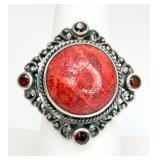 925 Sponge Coral & 4 Garnets Ring