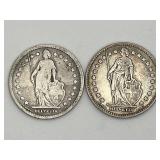 2 Swiss Helvetia 1 Franc Silver Coins