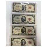 4 Series 1953 $2 Red Seal Bills