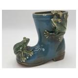 VTG Blue-glazed Ceramic Boot Planter w/2 Fogs