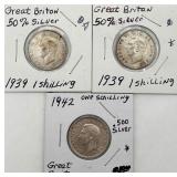 1942 & 2-1939 50% Silver Great Britain 1 Shilling